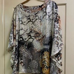 CHICO’s Cape Style Metallic Leopard Semi-Sheer Shirt Cream/Brown/Yellow M/L